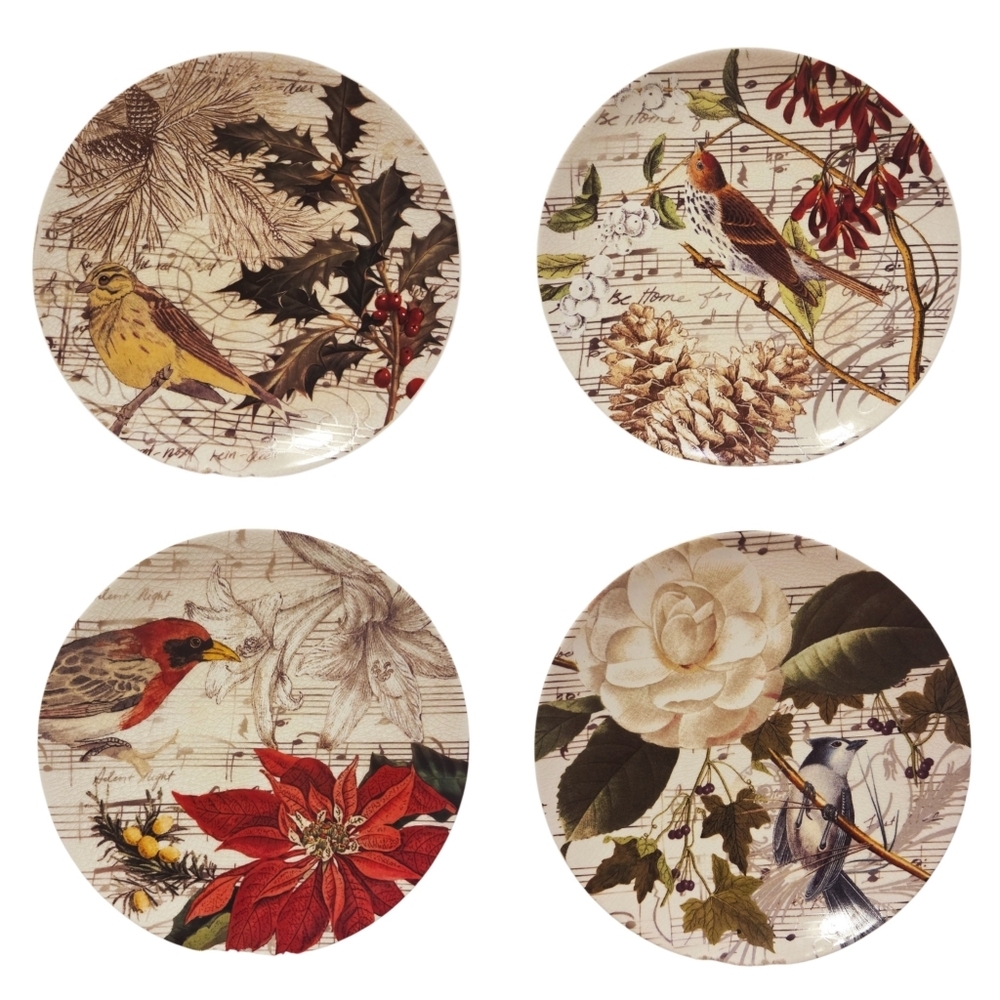 Pottery Barn Set Of 4 Christmas SongBirds Decoupage Salad‎ Dessert App Plates